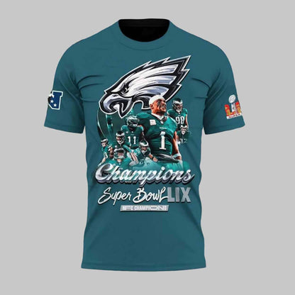 Super Bowl LIX Champions 2025 Philadelphia Eagles 2X All Over Printed T-Shirt - Midnight Green