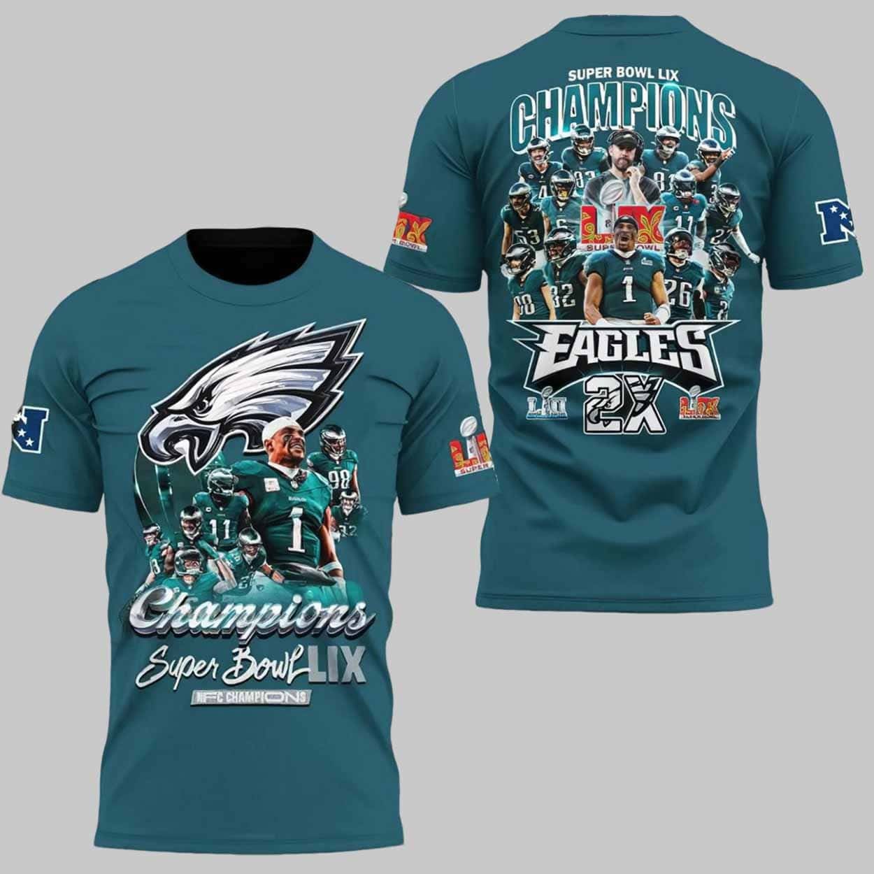 Super Bowl LIX Champions 2025 Philadelphia Eagles 2X All Over Printed T-Shirt - Midnight Green