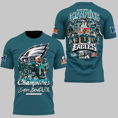 Super Bowl LIX Champions 2025 Philadelphia Eagles 2X All Over Printed T-Shirt - Midnight Green