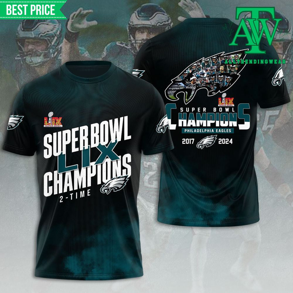 Philadelphia Eagles 2 Time Super Bowl LIX Champions All Over Printed T-Shirt - Black
