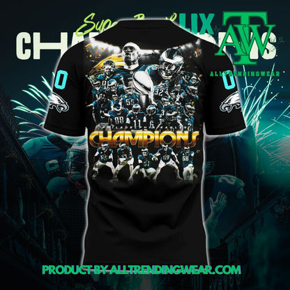 Philadelphia Eagles Super Bowl LIX Champions Limited 2025 Custom Number All Over Printed T-Shirt - Black
