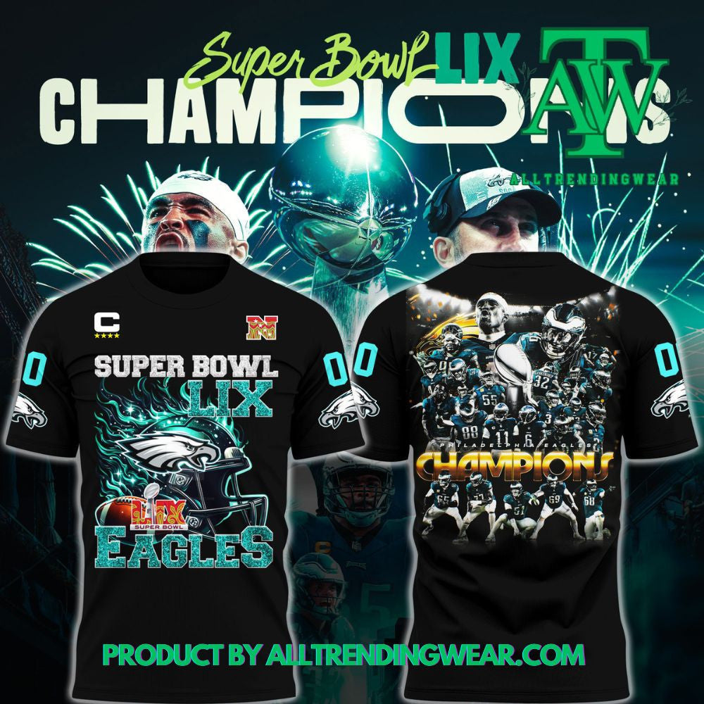 Philadelphia Eagles Super Bowl LIX Champions Limited 2025 Custom Number All Over Printed T-Shirt - Black