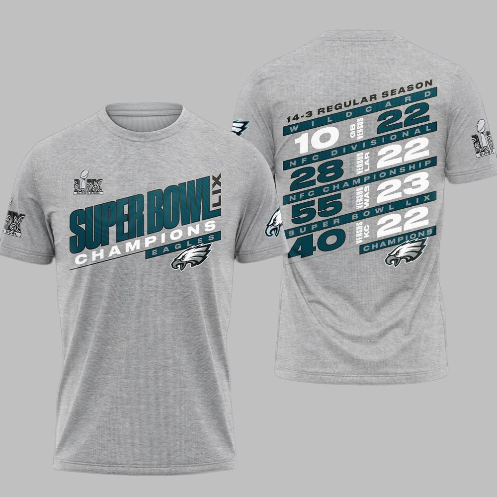 Philadelphia Eagles Super Bowl LIX Champions 14-3 Regular Season All Over Printed T-Shirt - Heather Gray