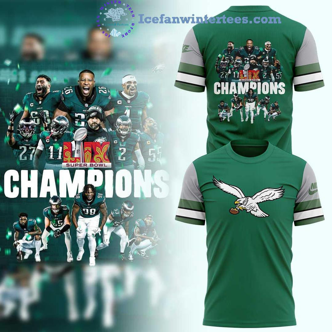 Philadelphia Eagles 2025 NFL Super Bowl LIX Champions All Over Printed T-Shirt - Green