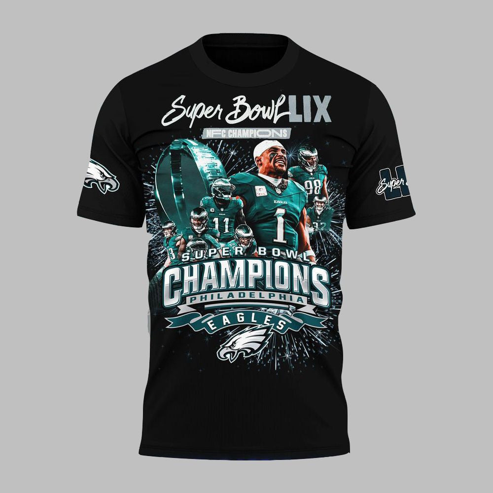 Philadelphia Eagles Super Bowl LIX NFC Champions All Over Printed T-Shirt - Black