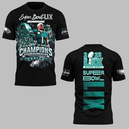 Philadelphia Eagles Super Bowl LIX NFC Champions All Over Printed T-Shirt - Black