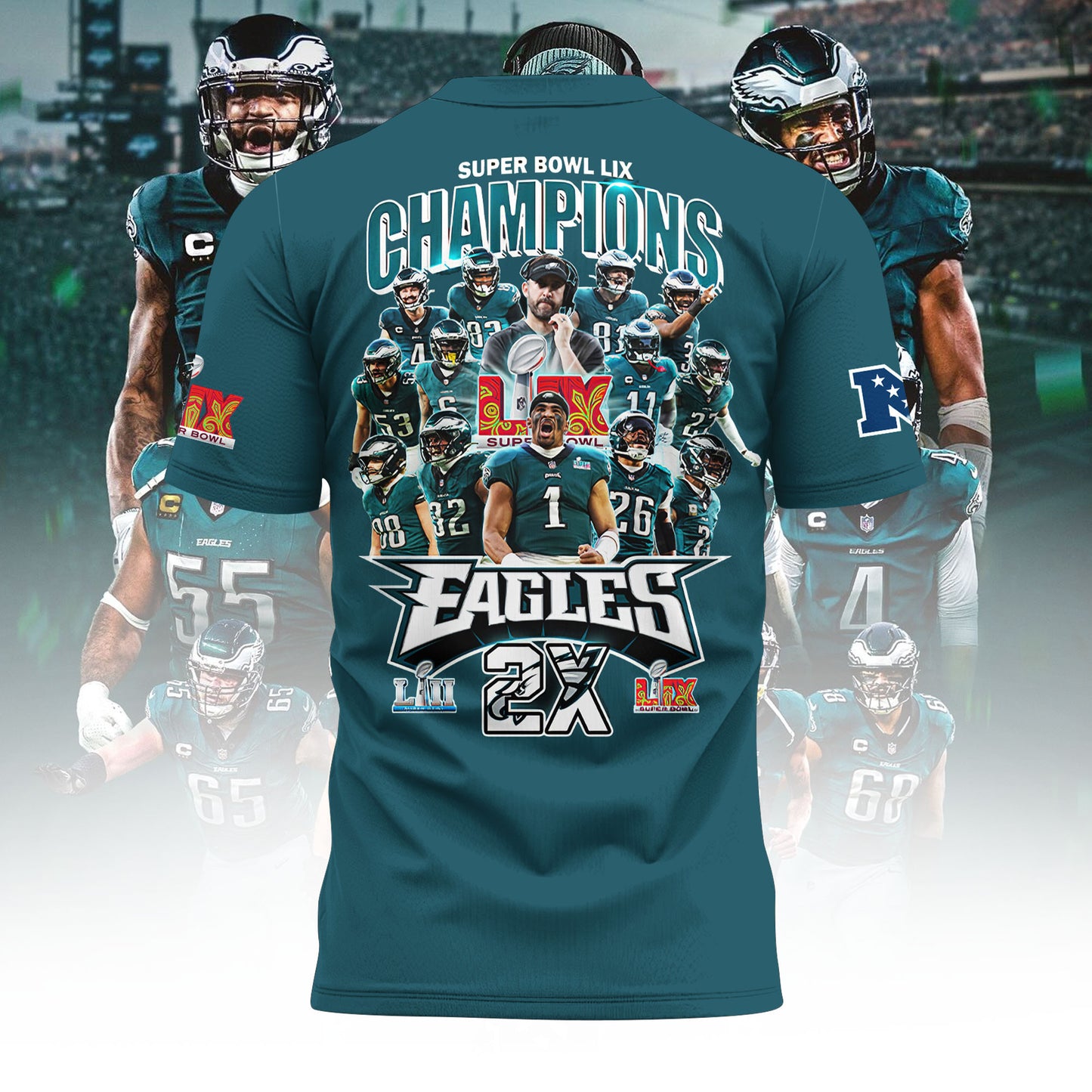 New Philadelphia Eagles Super Bowl 2025 LIX Champions All Over Printed T-Shirt - Midnight Green