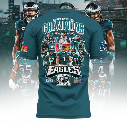 New Philadelphia Eagles Super Bowl 2025 LIX Champions All Over Printed T-Shirt - Midnight Green