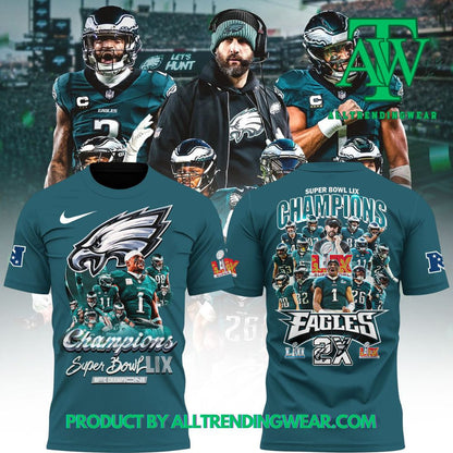 New Philadelphia Eagles Super Bowl 2025 LIX Champions All Over Printed T-Shirt - Midnight Green