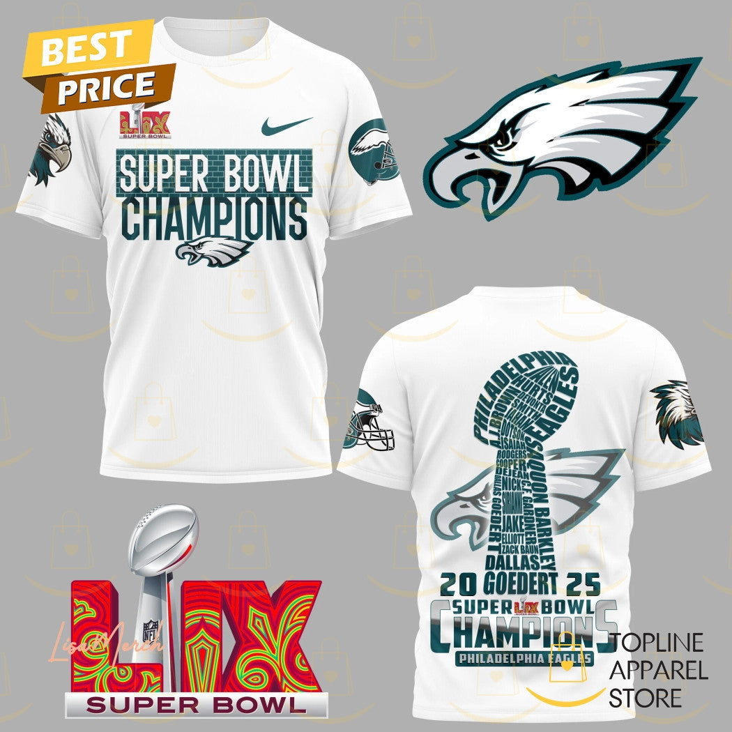 2025 Philadelphia Eagles Champions Super Bowl LIX All Over Printed T-Shirt - White