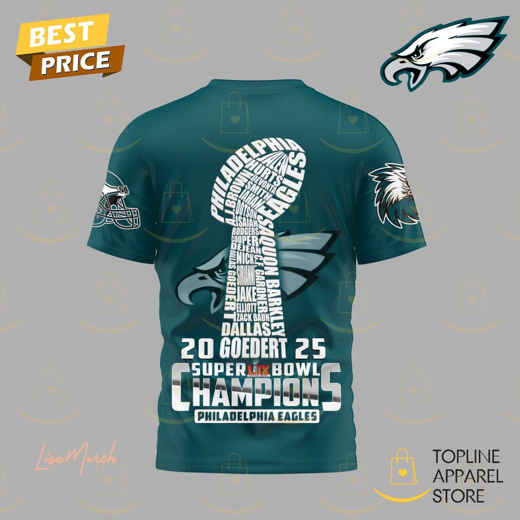 2025 Philadelphia Eagles Champions Super Bowl LIX All Over Printed T-Shirt - Midnight Green