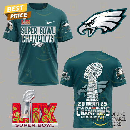 2025 Philadelphia Eagles Champions Super Bowl LIX All Over Printed T-Shirt - Midnight Green