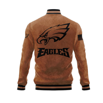 Philadelphia Eagles 2023 Salute To Service Club Baseball Jacket Varsity Jacket - Brown - All-Over-Printed Jacket