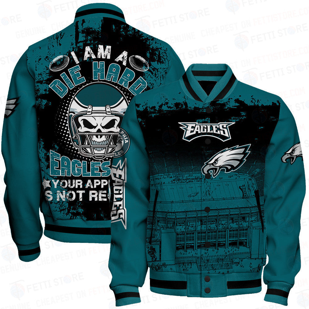 Philadelphia Eagles Skull Helmet Halloween Pattern Varsity Jacket - All-Over-Printed Jacket