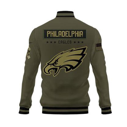 Philadelphia Eagles 2023 Salute To Service Club Baseball Jacket Varsity Jacket - Green - All-Over-Printed Jacket