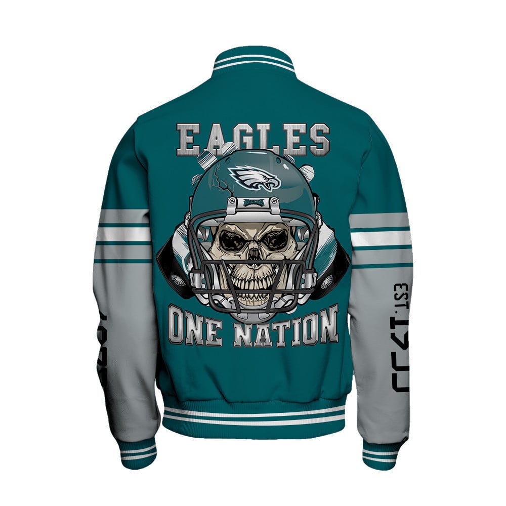 Philadelphia Eagles Skull And Gloves Pattern Varsity Jacket - All-Over-Printed Jacket