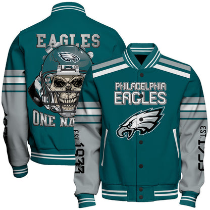 Philadelphia Eagles Skull And Gloves Pattern Varsity Jacket - All-Over-Printed Jacket
