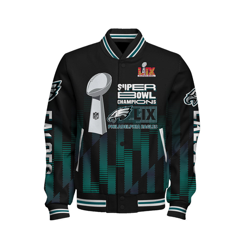 Philadelphia Eagles Super Bowl LIX Champions Own The Historic Moment Varsity Jacket - All-Over-Printed Jacket
