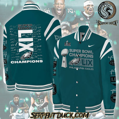 Philadelphia Eagles Champions Super Bowl LIX 2025 Signature All Team Baseball Jacket Varsity Jacket - Midnight Green - All-Over-Printed Jacket