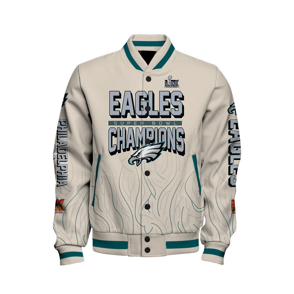 Philadelphia Eagles Super Bowl LIX Champions Unstoppable Force Varsity Jacket - All-Over-Printed Jacket