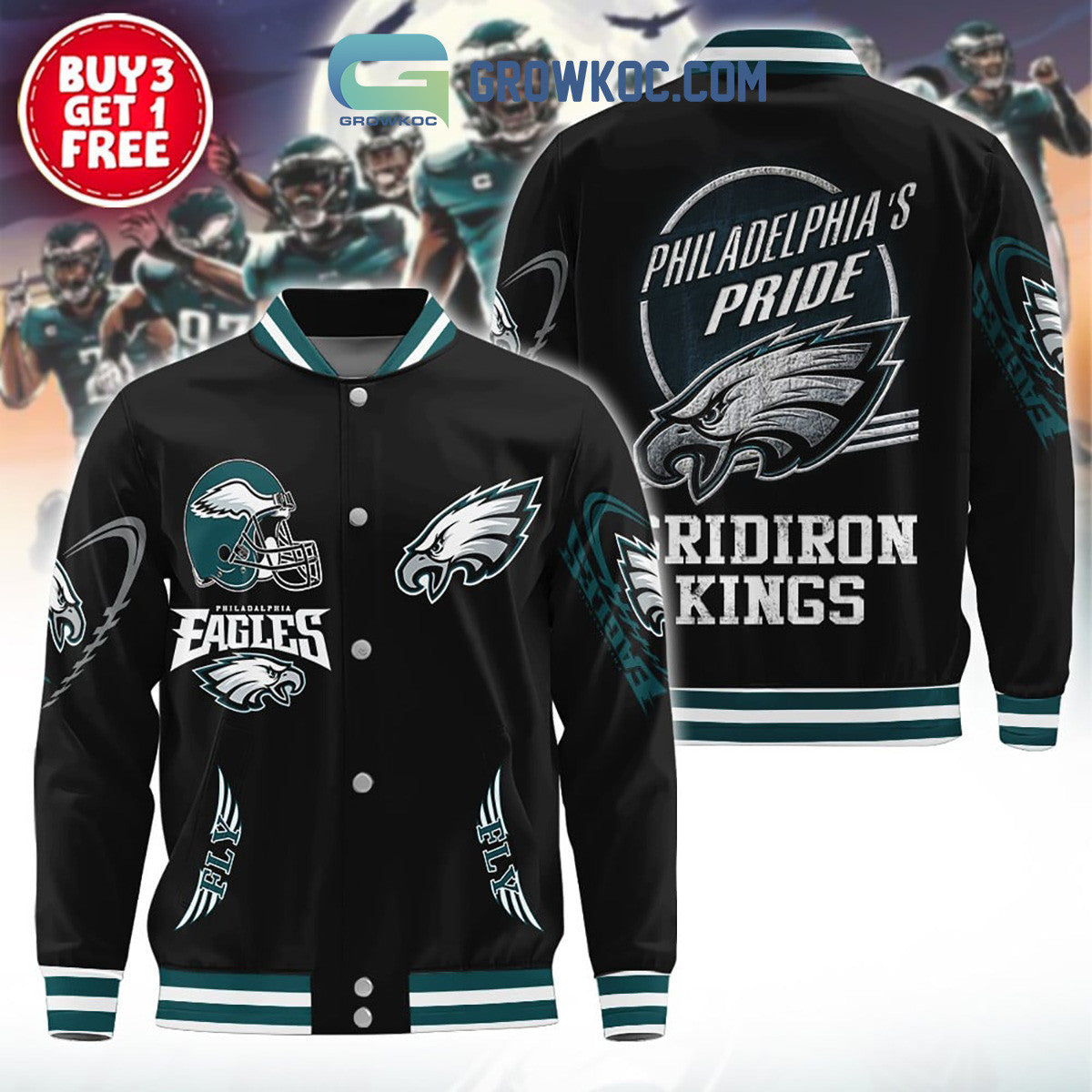 Philadelphia Eagles Philadelphia's Pride Gridiron Kings Baseball Jacket - All Over Printed - Black - All-Over-Printed Jacket