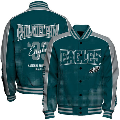 Philadelphia Eagles Football Team 2024 - 25 Heart Beats In Unison Unisex Varsity Jacket - All-Over-Printed Jacket