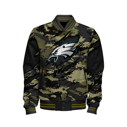 Philadelphia Eagles Black Camo Pattern National Football League Varsity Jacket - All-Over-Printed Jacket