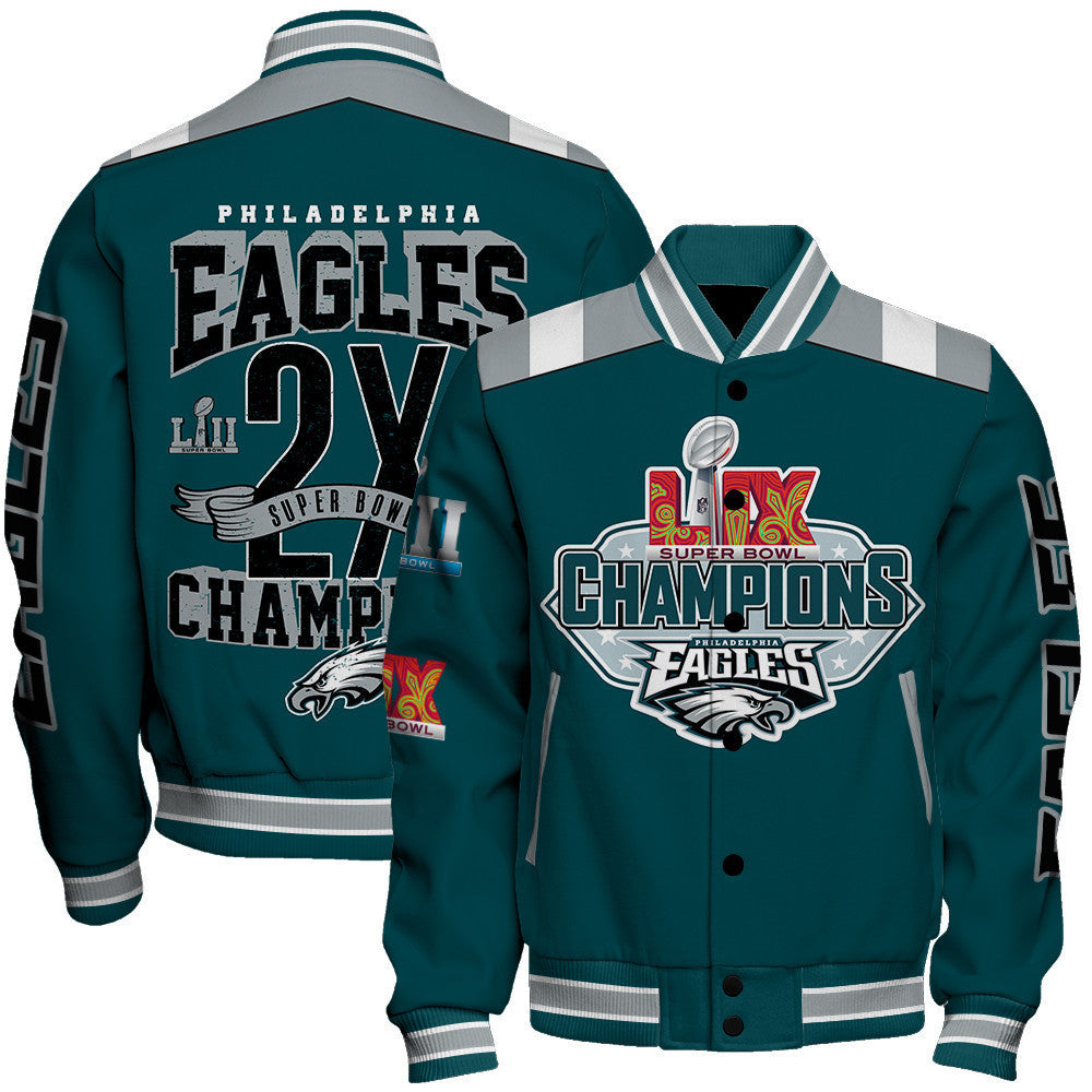 Philadelphia Eagles Super Bowl LIX Champions Fly High Varsity Jacket - All-Over-Printed Jacket