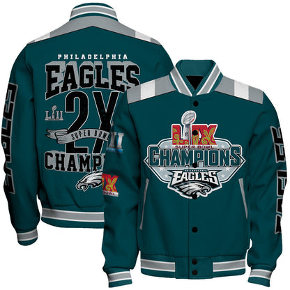 Philadelphia Eagles Super Bowl LIX Champions Fly High Varsity Jacket - All-Over-Printed Jacket