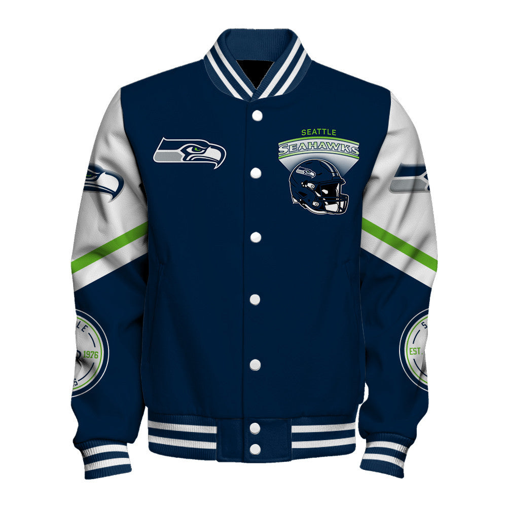 Seattle Seahawks Large Helmet Graphic and Bold Classic Team Logo Design Varsity Jacket