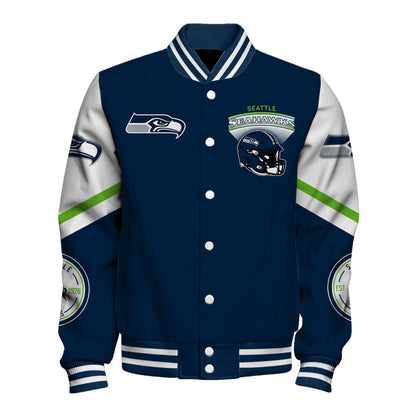 Seattle Seahawks Large Helmet Graphic and Bold Classic Team Logo Design Varsity Jacket