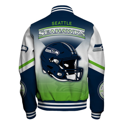 Seattle Seahawks Large Helmet Graphic and Bold Classic Team Logo Design Varsity Jacket