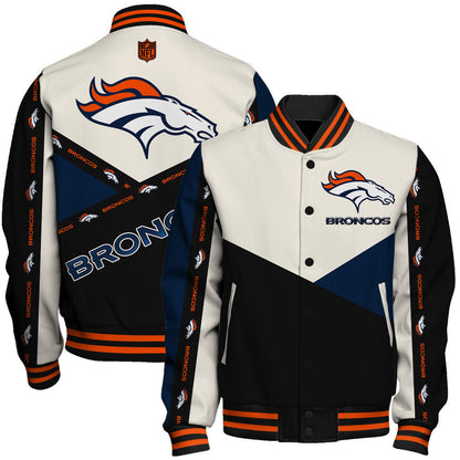 Denver Broncos Striped Cuffs & Logo Details Down the Sleeves Varsity Jacket