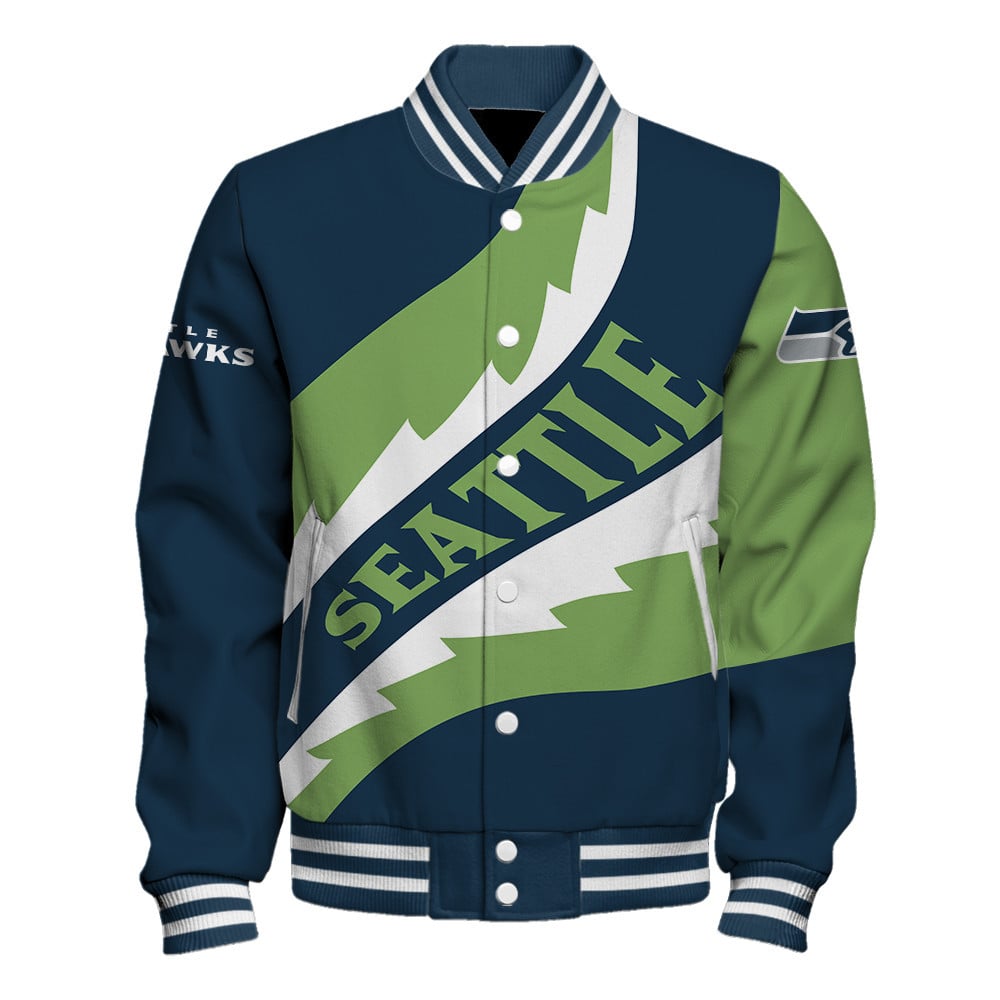 NFL Seattle Seahawks Saw Blade Pattern Football Fan Style Varsity Jacket