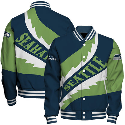 NFL Seattle Seahawks Saw Blade Pattern Football Fan Style Varsity Jacket
