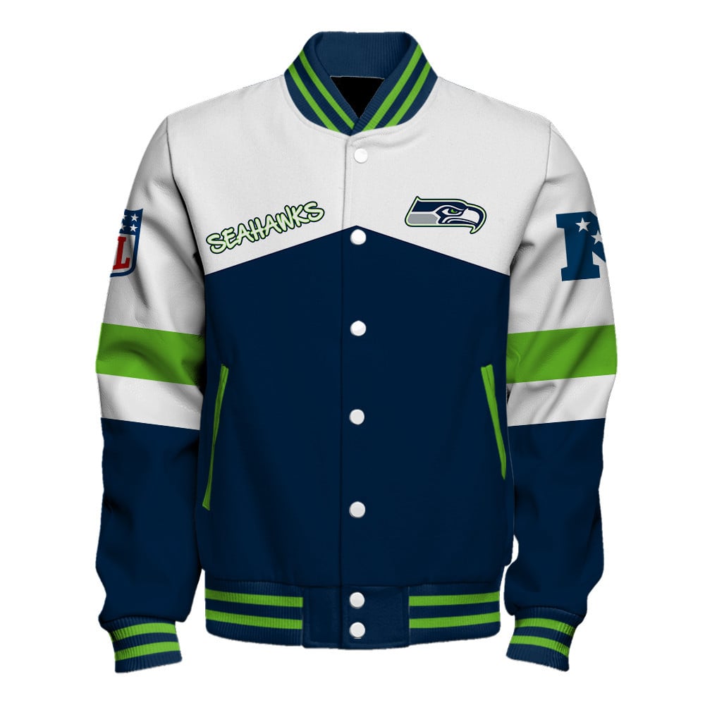 Seattle Seahawks Unique Double-Striped Cuff, Retro Style Varsity Jacket