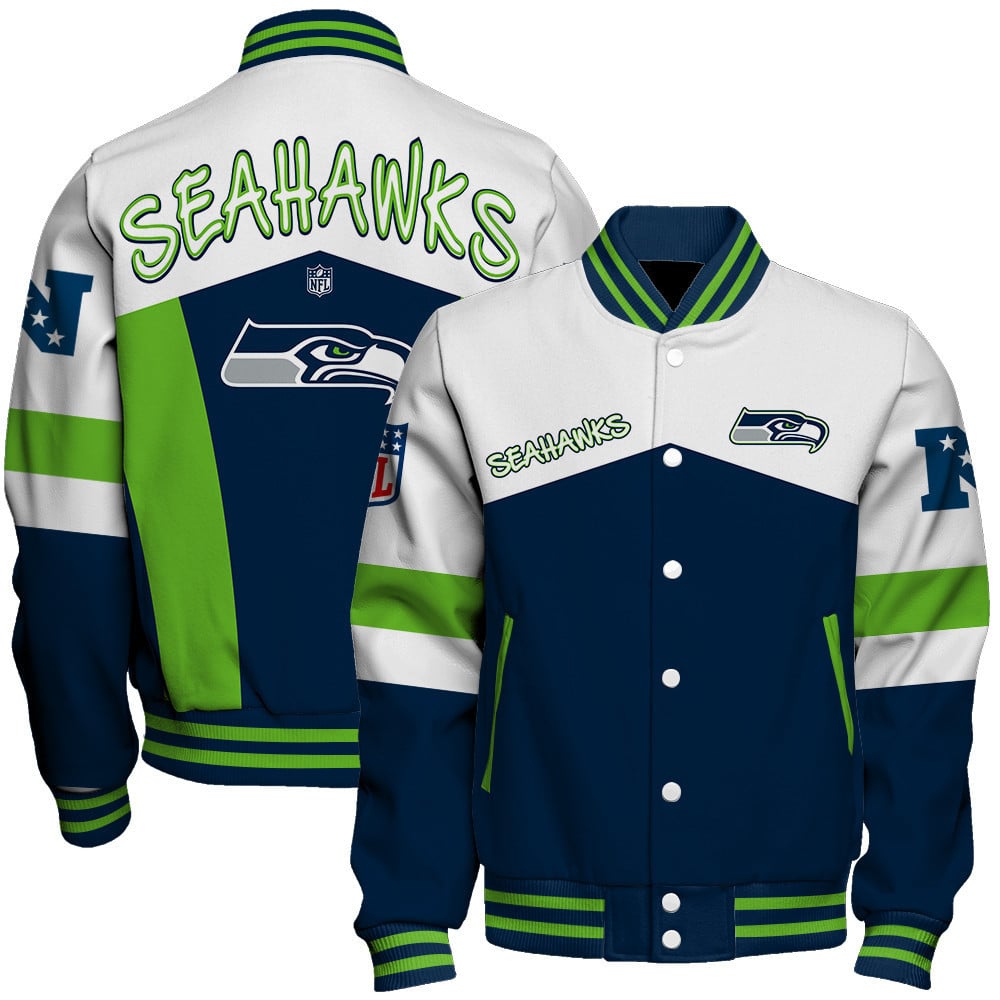 Seattle Seahawks Unique Double-Striped Cuff, Retro Style Varsity Jacket