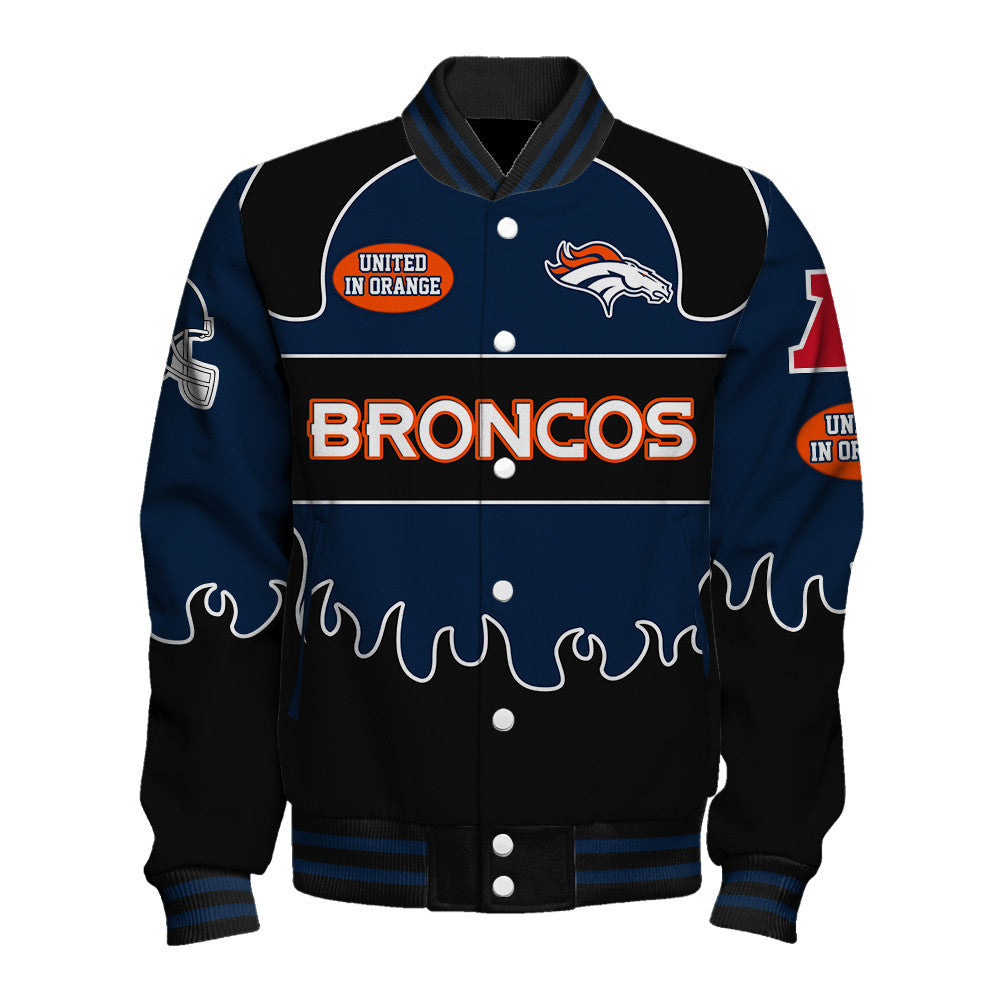 Denver Broncos Striking Flame Pattern and Large Prominent Logo Varsity Jacket
