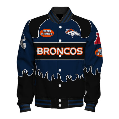 Denver Broncos Striking Flame Pattern and Large Prominent Logo Varsity Jacket
