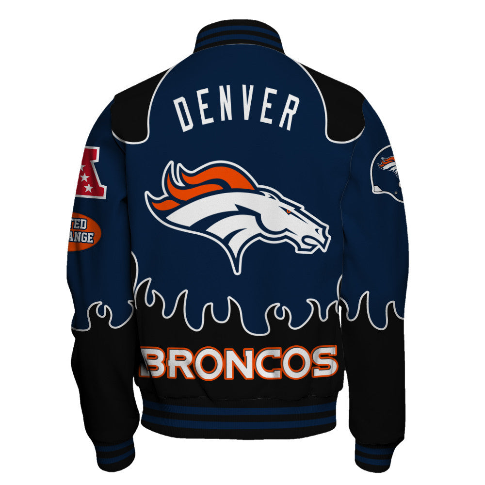 Denver Broncos Striking Flame Pattern and Large Prominent Logo Varsity Jacket