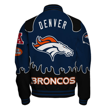 Denver Broncos Striking Flame Pattern and Large Prominent Logo Varsity Jacket