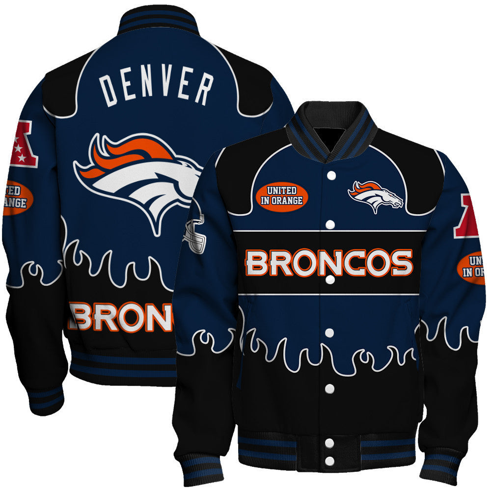 Denver Broncos Striking Flame Pattern and Large Prominent Logo Varsity Jacket