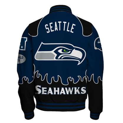 Seattle Seahawks Striking Flame Pattern and Large Prominent Logo Varsity Jacket