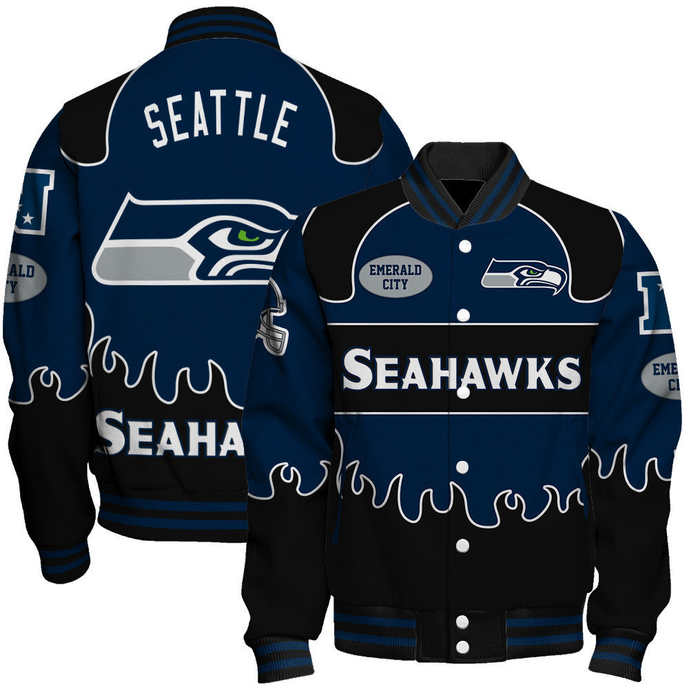 Seattle Seahawks Striking Flame Pattern and Large Prominent Logo Varsity Jacket