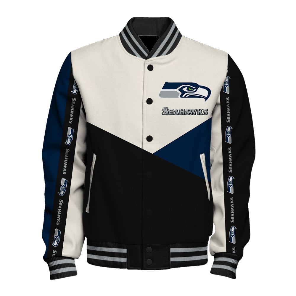 Seattle Seahawks Striped Cuffs & Logo Details Down the Sleeves Varsity Jacket