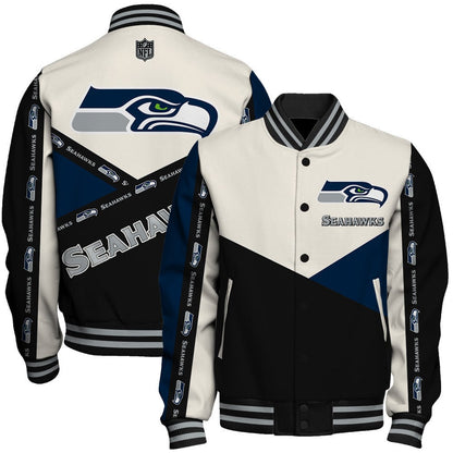 Seattle Seahawks Striped Cuffs & Logo Details Down the Sleeves Varsity Jacket