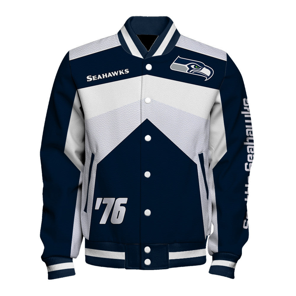 Seattle Seahawks Striped Collar & Highly Unique Vertical Lettering on Sleeves Varsity Jacket