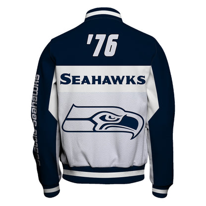 Seattle Seahawks Striped Collar & Highly Unique Vertical Lettering on Sleeves Varsity Jacket