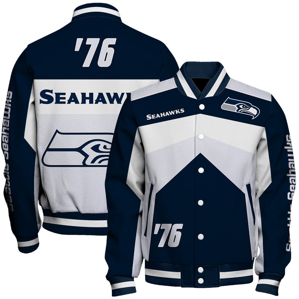 Seattle Seahawks Striped Collar & Highly Unique Vertical Lettering on Sleeves Varsity Jacket