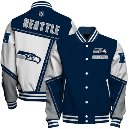 Seattle Seahawks Dynamic Design With Large Logo And Impressive Diagonal Lines Varsity Jacket